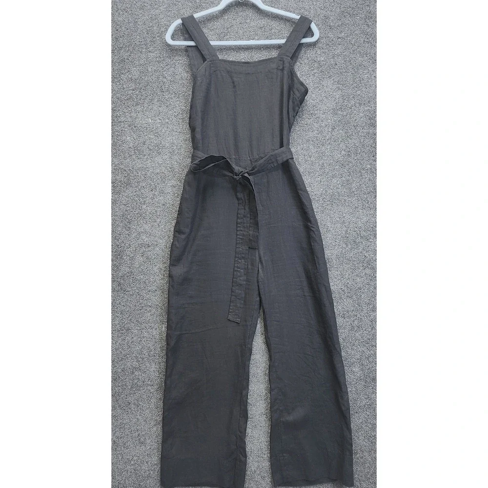 Quince 100% European Linen Square Neck Belted Wide Leg Sleeveless Jumpsuit S